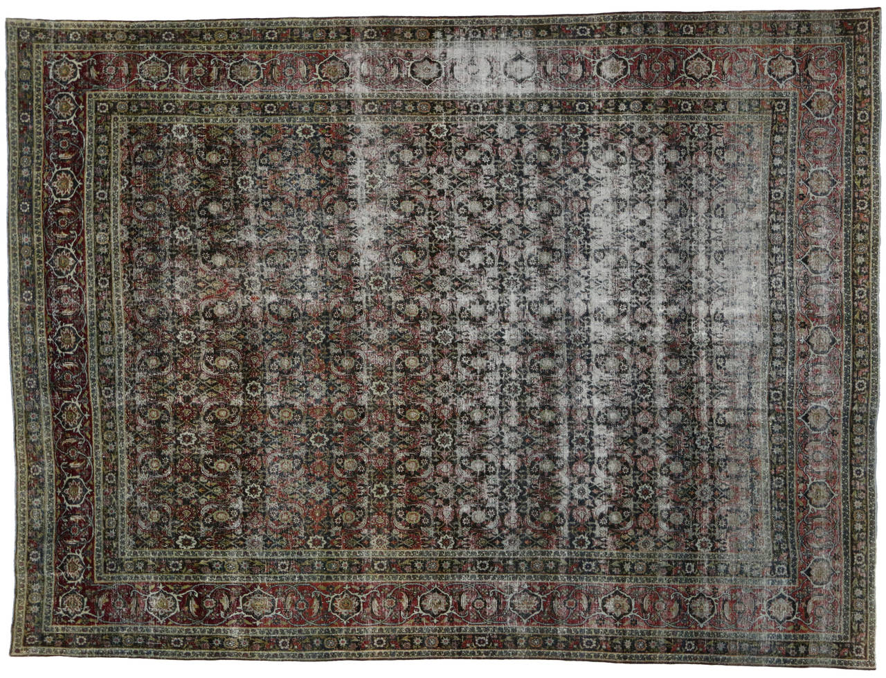 Distressed Antique Yazd Persian Area Rug with Modern Industrial Luxe Style 2