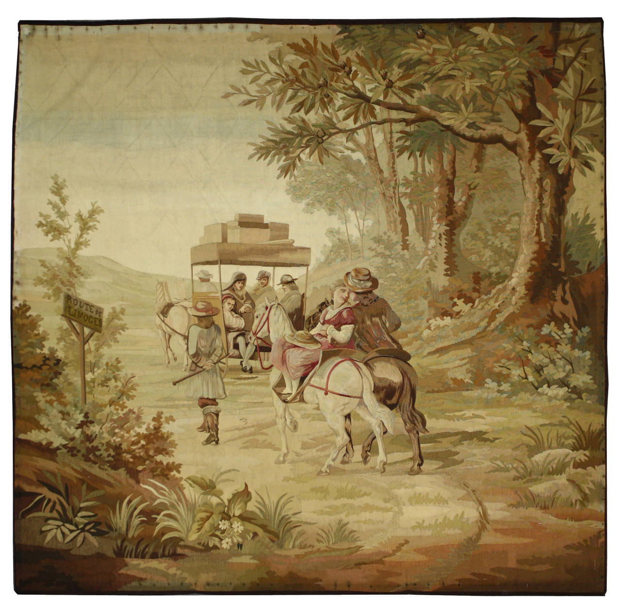 72470 Tapisserie pastorale française ancienne de la fin du 19e siècle Route de Limoges, style Louis XV, tenture murale française rococo. La scène représente une famille se déplaçant en charrette tirée par des chevaux sur leur chemin via la route de