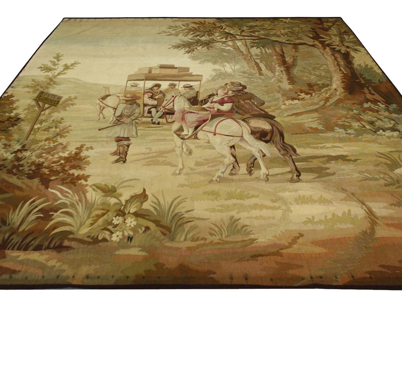 Hand-Woven Late 19th Century Antique French Pastoral Tapestry Route de Limoges Louis XV Art For Sale