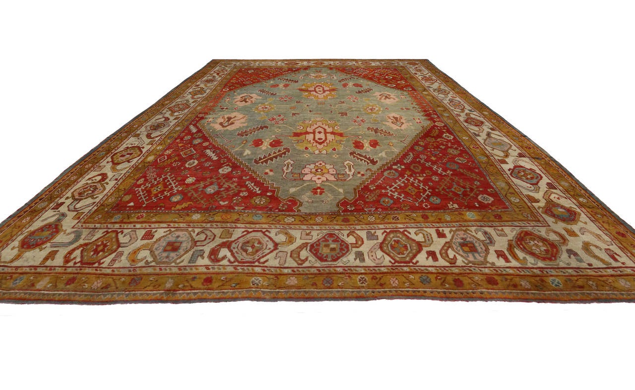 1870s Oversized Antique Turkish Oushak Rug, Hotel Lobby Size Carpet For Sale 2