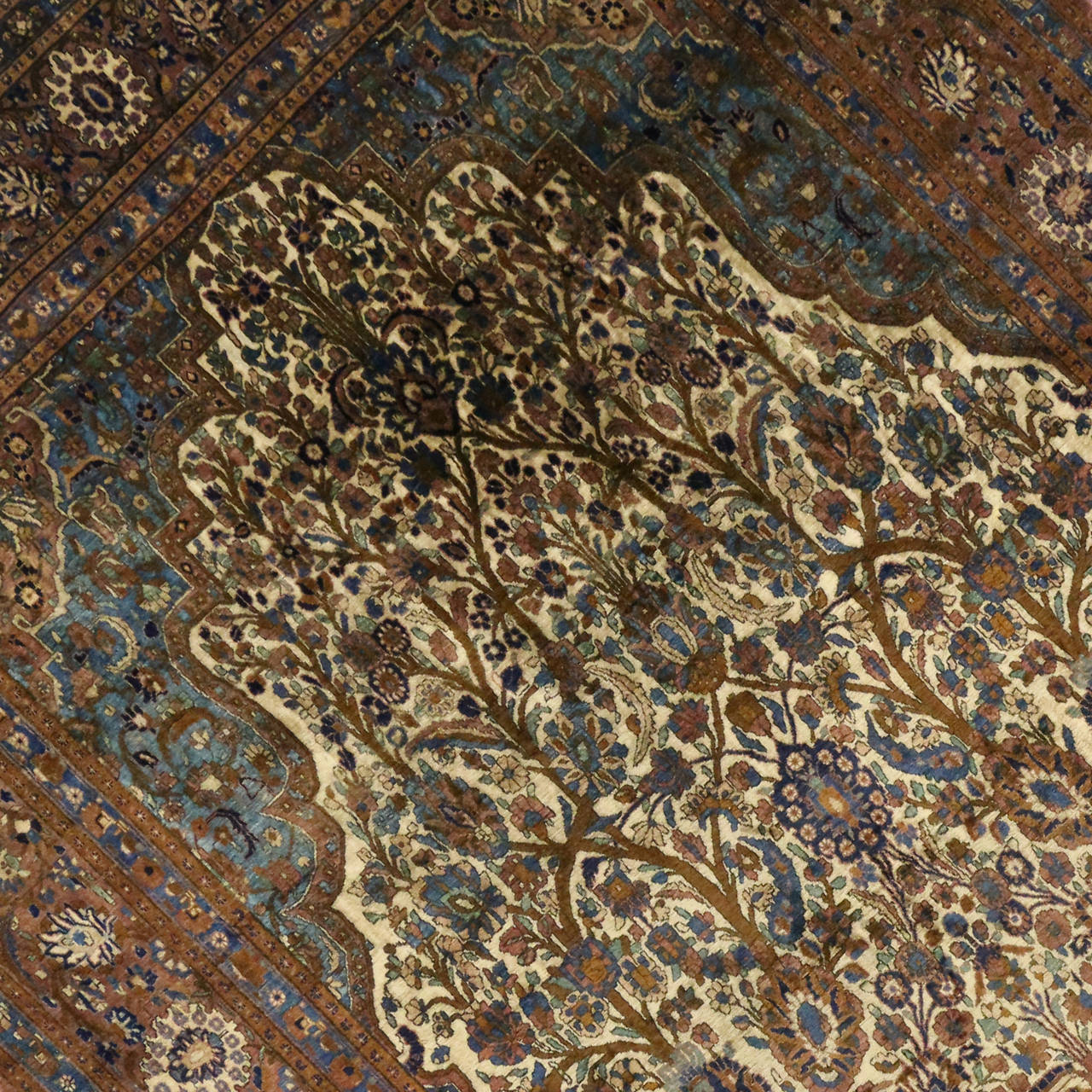 74220 Antique Persian Mohtashem Kashan Silk Directional Rug with Regal Neoclassic Style. Opulence and grace with beguiling ambiance, this antique Persian Mohtashem Kashan large directional prayer rug beautifully displays a scalloped mihrab niche