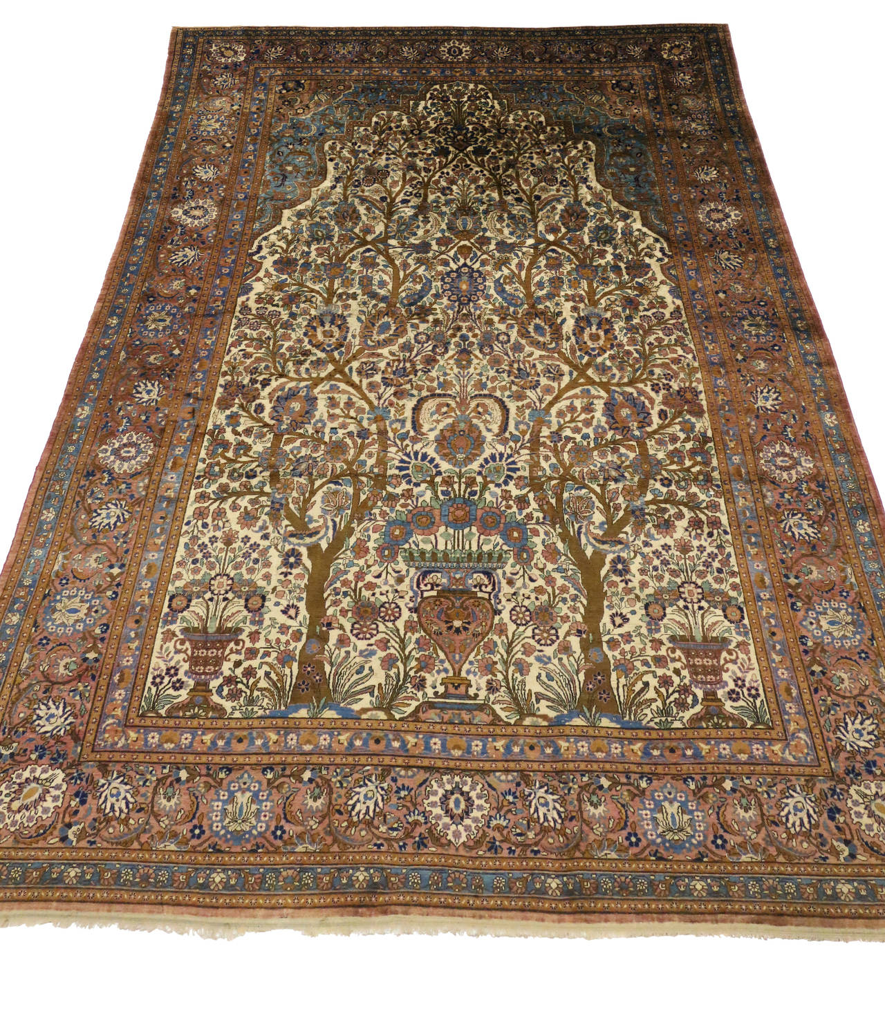 Hand-Knotted 1880s Antique Persian Mohtasham Silk Kashan Rug For Sale