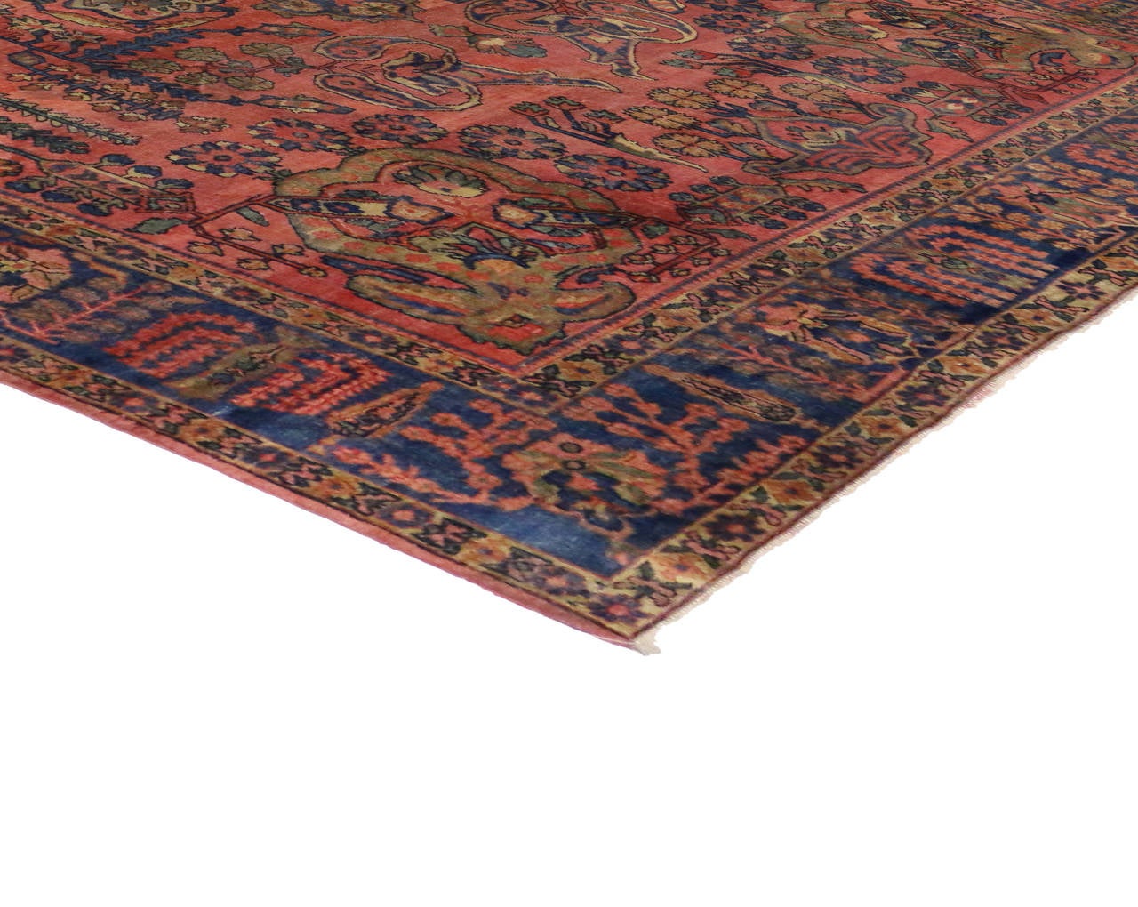 71518 Antique Persian Mahal Area Rug with Cypress and Weeping Willow Trees. Bold yet delicate, this eccentric early 20th century antique Persian Mahal rug offers an opulent cornucopia of lively botanical motifs. With its time-softened colors and