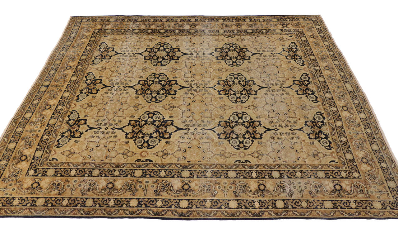 Antique Persian Yazd Rug with Modern Design in Neutral Colors For Sale