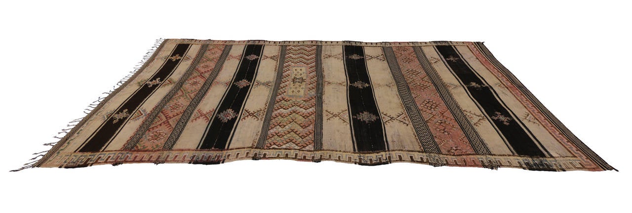 Antique Moroccan Kilim and Pile Rug with Tribal Symbols and Modern Design 1