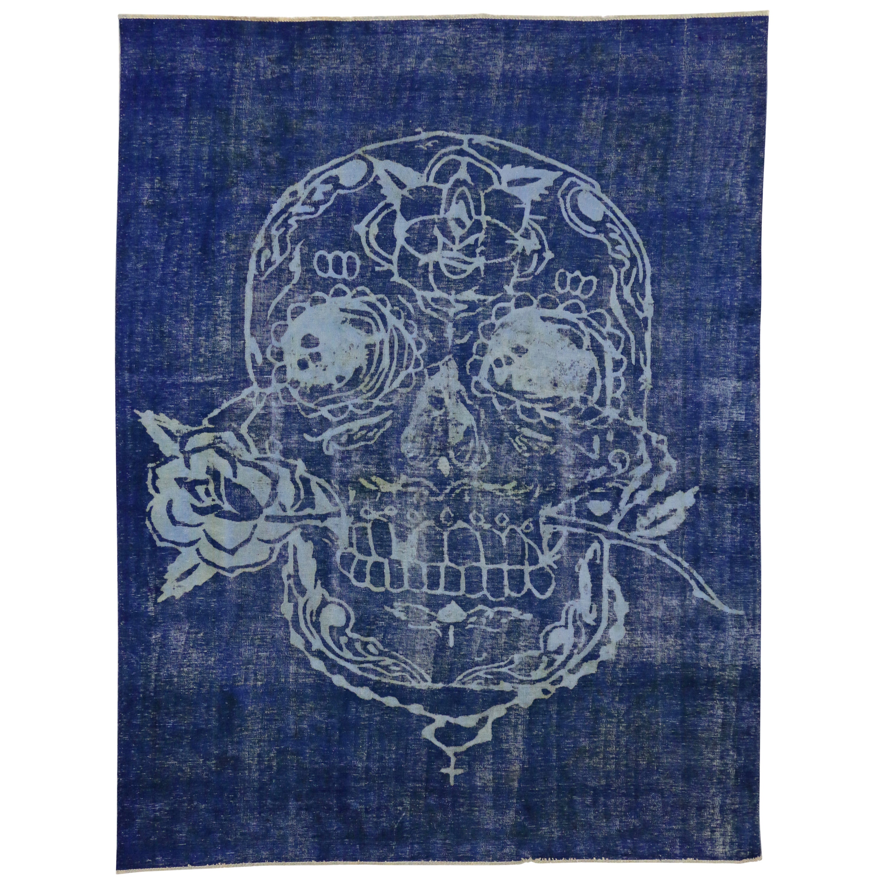 Vintage Persian Tabriz Rug, Overdyed Blue with Skull and Rose Design