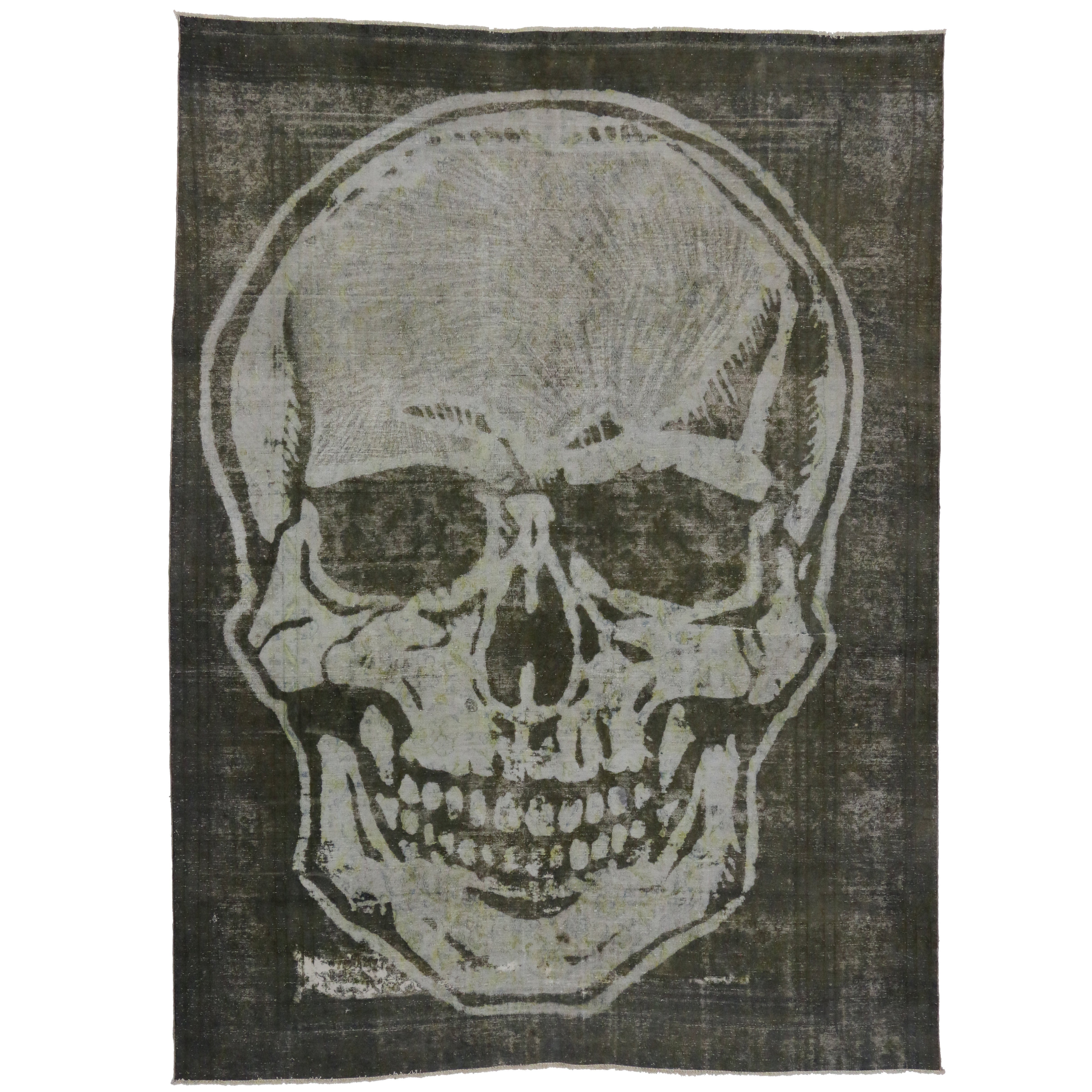 Vintage Overdyed Persian Tabriz Rug with Skull