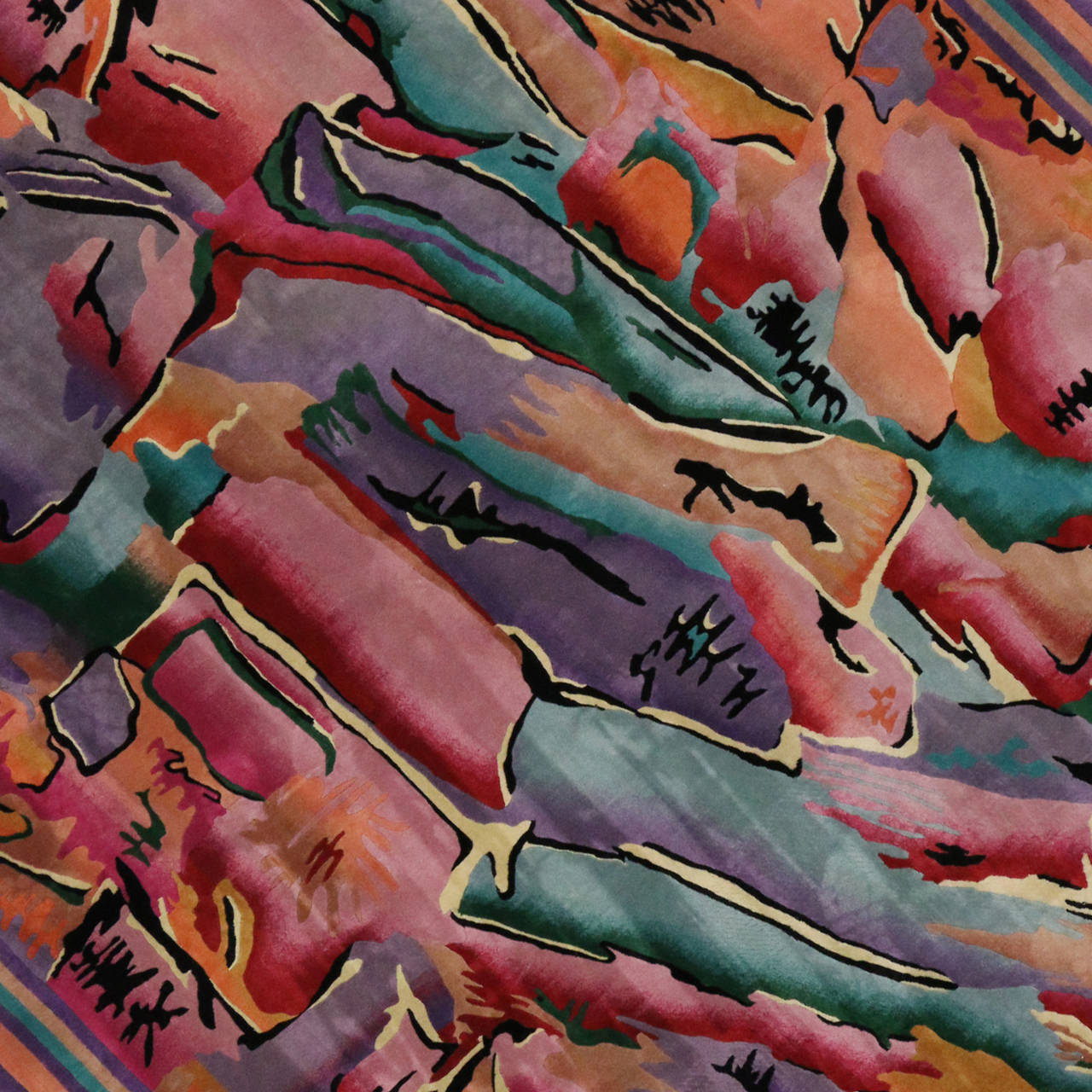 This vintage Savonnerie rug with its legendary style of Art Deco is characterized by rich colors, bold abstract designs and lavish ornamentation. The smooth texture and plush pile of this retro styled rug combined with the angular lines balance the