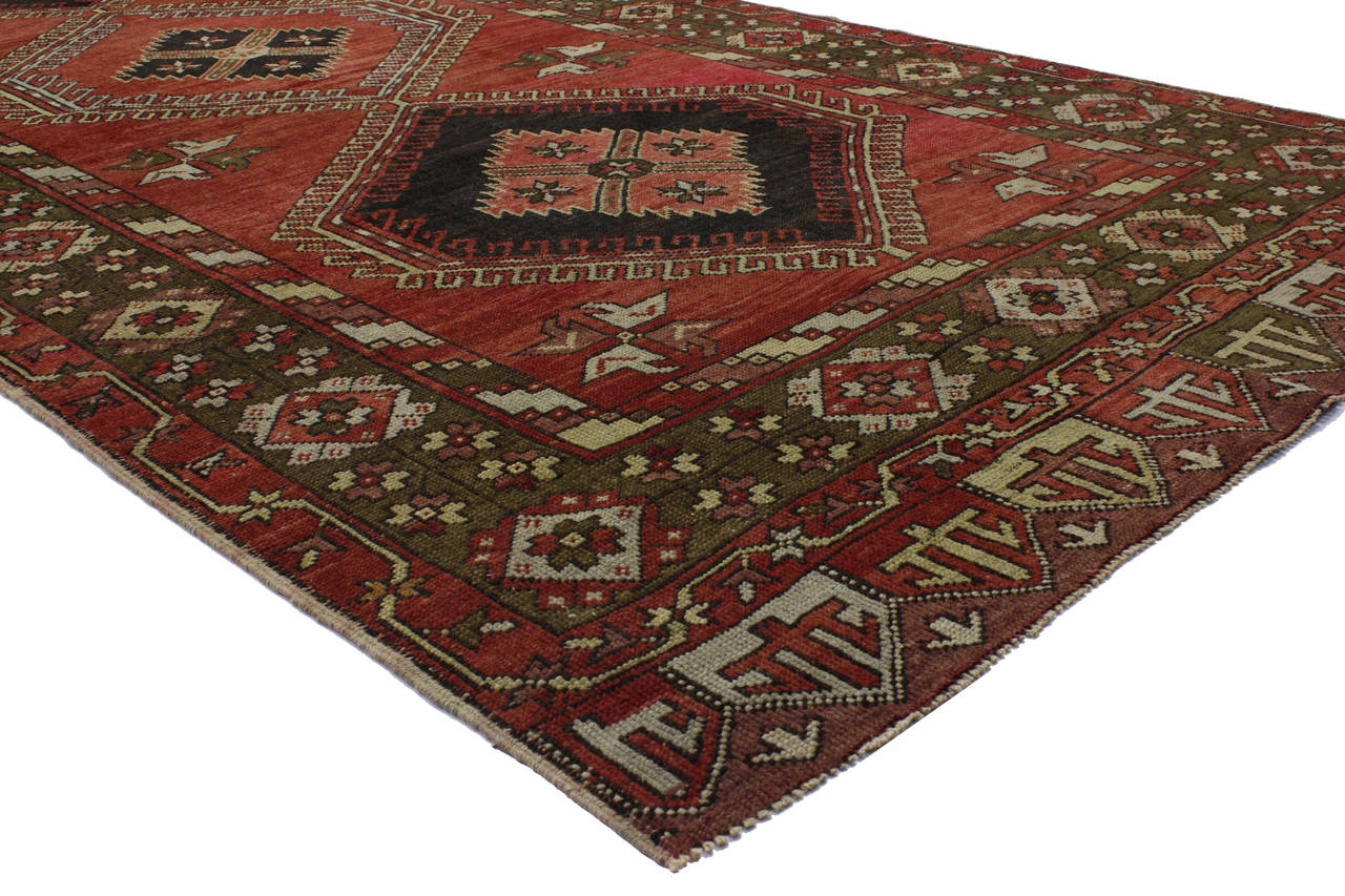 Hand-Knotted Vintage Turkish Oushak Long Carpet Runner with Mid-Century Modern Style
