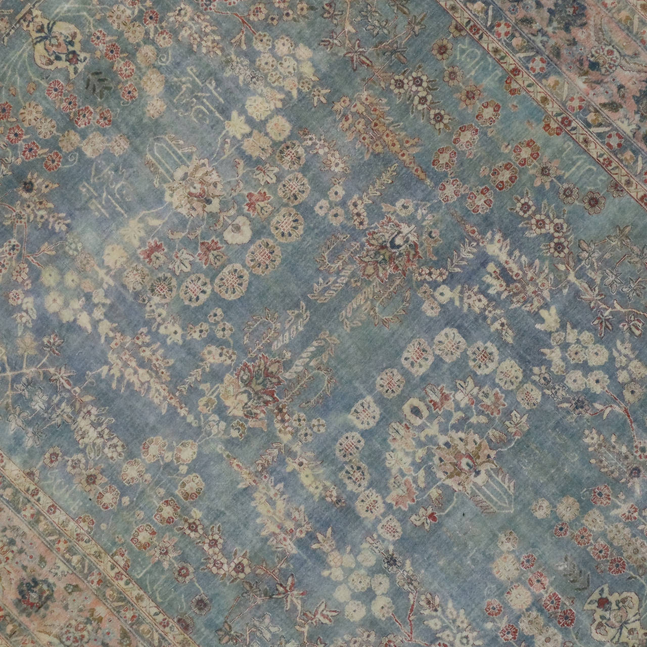 Light Blue Antique Persian Kerman 'Kirman' Distressed Rug In Distressed Condition In Dallas, TX