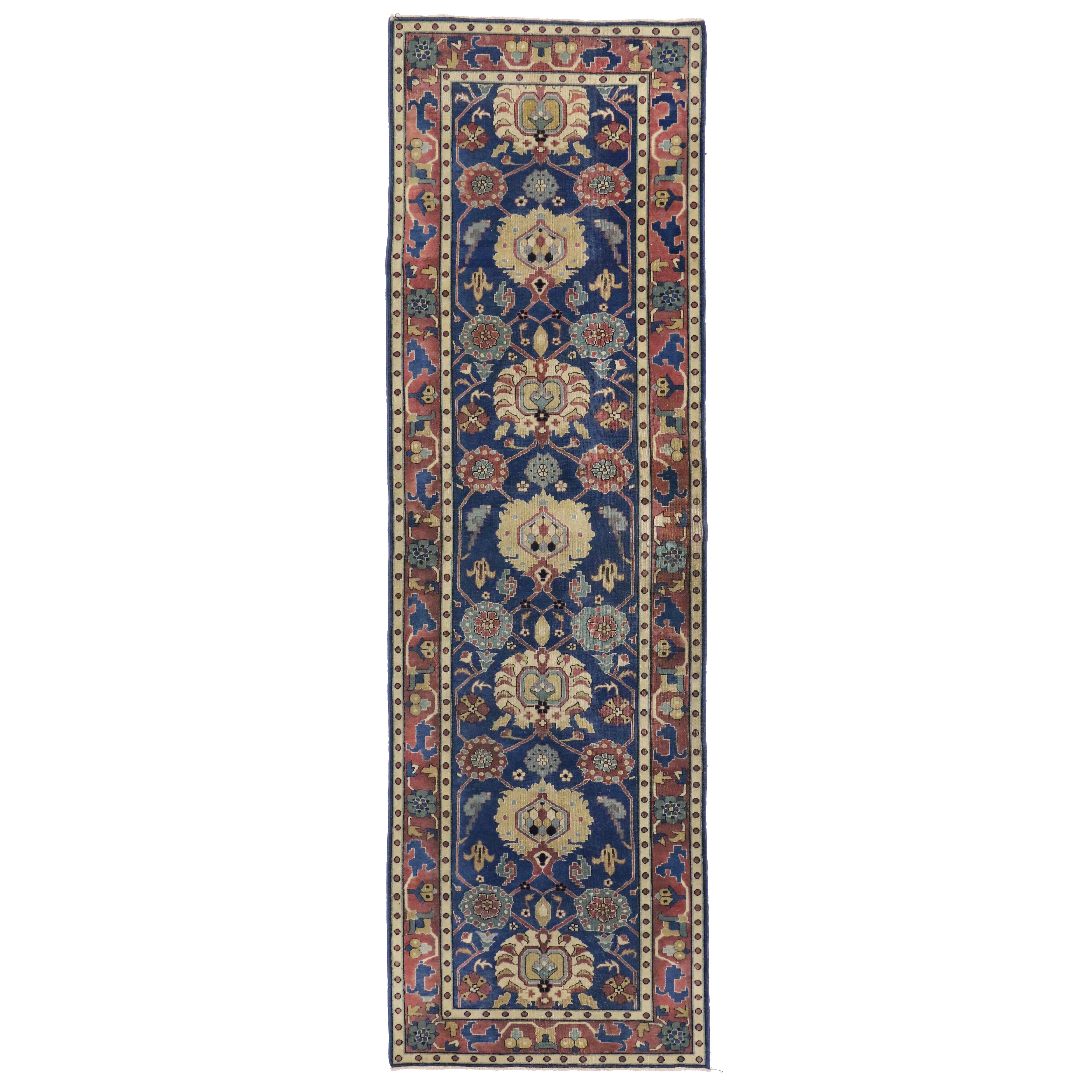 Antique Indian Agra Runner in Blue with Modern Design