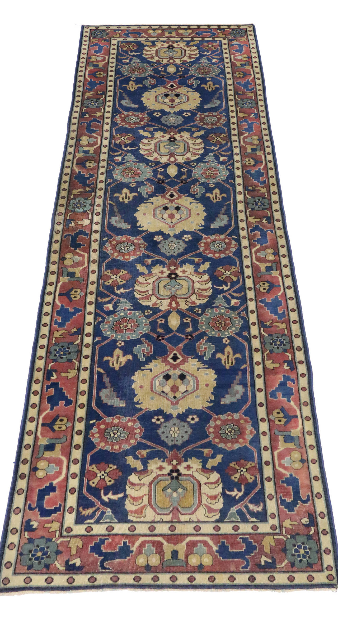Antique Indian Agra Runner in Blue with Modern Design 3