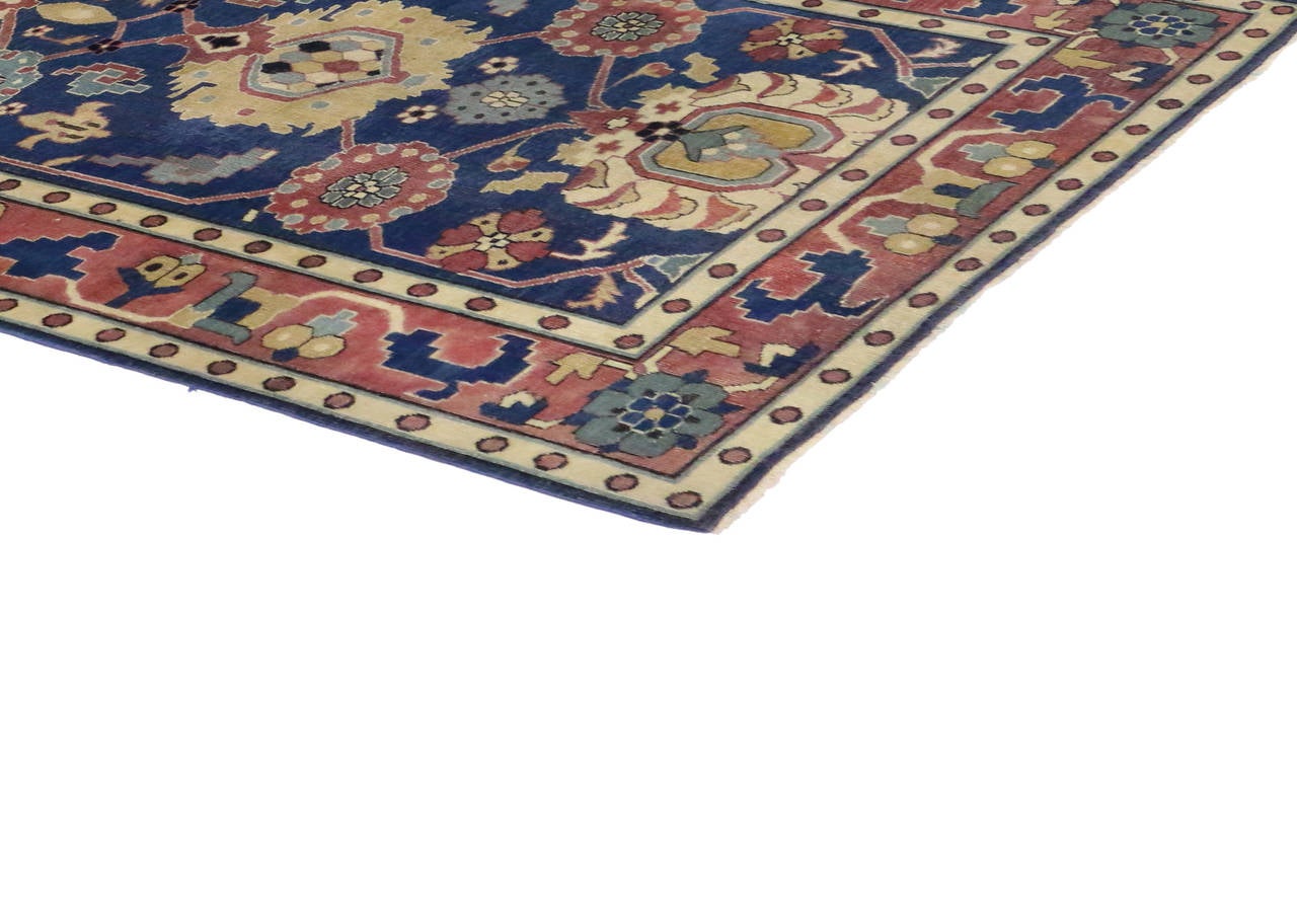 Wool Antique Indian Agra Runner in Blue with Modern Design