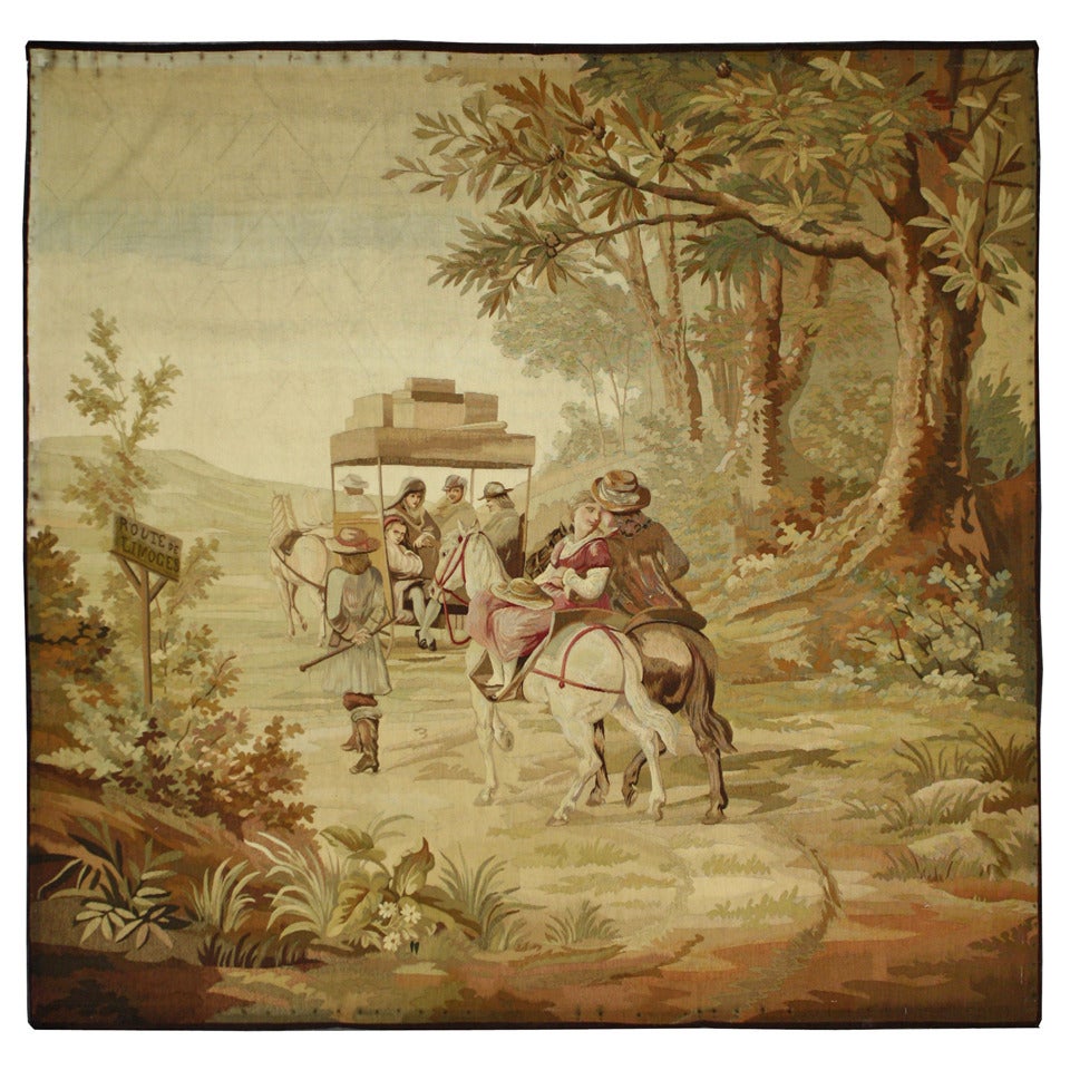 Late 19th Century Antique French Pastoral Tapestry Route de Limoges Louis XV Art For Sale