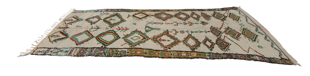 20049 Vintage Moroccan Azilal Runner with Modern Tribal Style 03'11 x 12'05. This Vintage Moroccan Azilal Runner with Modern Tribal Style features an all over geometric pattern of symbolic Berber Tribe motifs. This Moroccan carpet runner represents