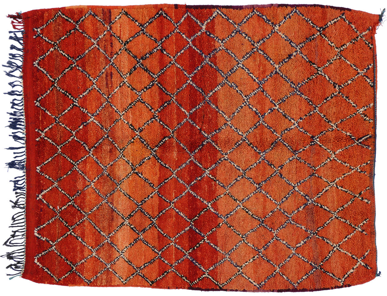 74805 Contemporary Berber Moroccan Rug with Retro Mid-Century Modern Style 05'09 x 06'11. Featuring a luminous fiery glow and a plush pile, this hand knotted wool vintage Moroccan rug astounds with its beauty. It features a diamond trellis pattern