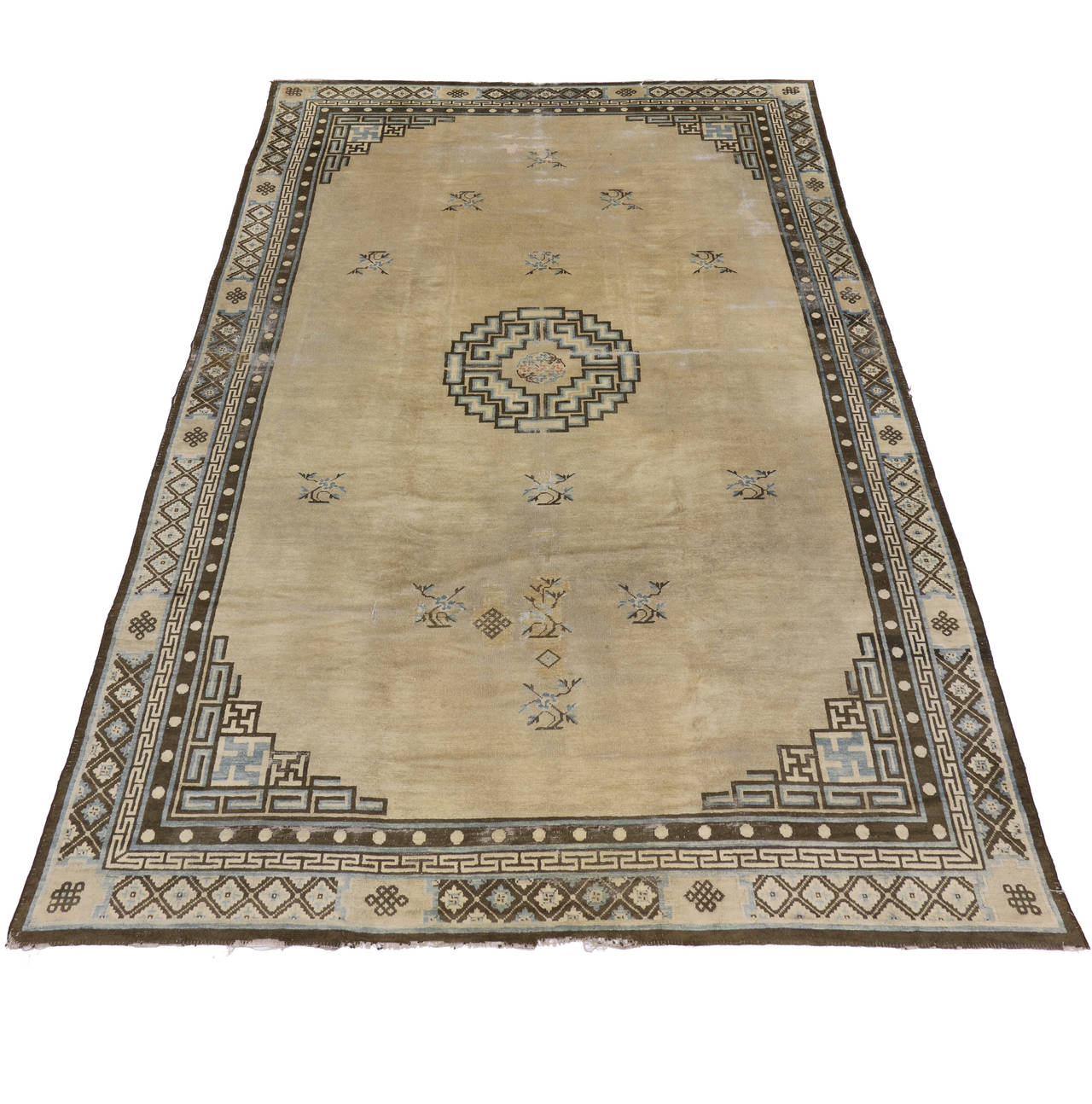 Distressed Antique Chinese Peking Rug with Art Deco Style, Mid-19th Century Rug For Sale 4