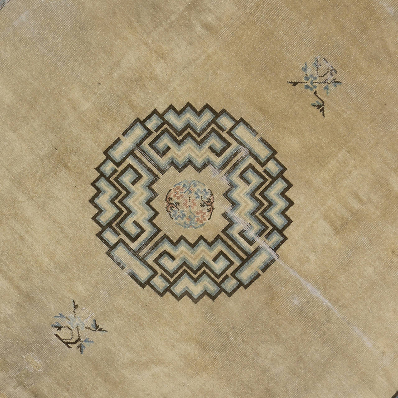 Wool Distressed Antique Chinese Peking Rug with Art Deco Style, Mid-19th Century Rug For Sale