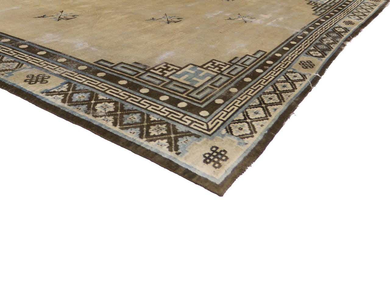 Wool Distressed Antique Chinese Peking Rug with Art Deco Style, Mid-19th Century Rug For Sale