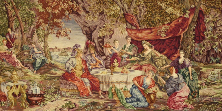 This beautiful late 19th century English needlepoint tapestry has an image of a group of people having a party outside with a plethora of food.

Explore your interior design options by browsing a huge selection of tapestries with Esmaili rugs and