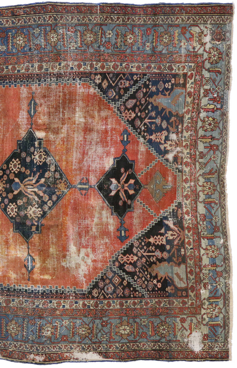 Distressed Antique Persian Serapi Rug with Modern Industrial Design at