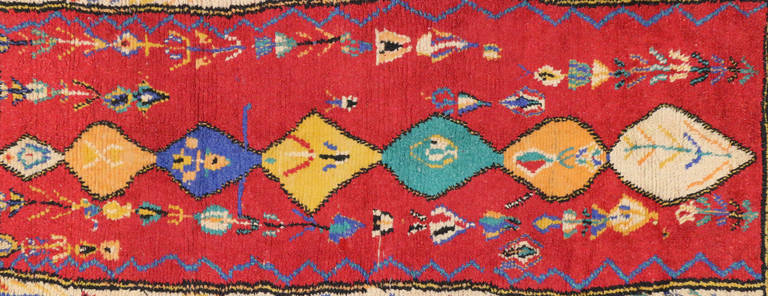 20013 Vintage Berber Moroccan Red Rug, Tribal Style Moroccan Hallway Shag Runner. This hand-knotted wool vintage Berber Moroccan rug beautifully highlights tribal style. This Moroccan rug is heavily ornamented by the shape of a diamond, which