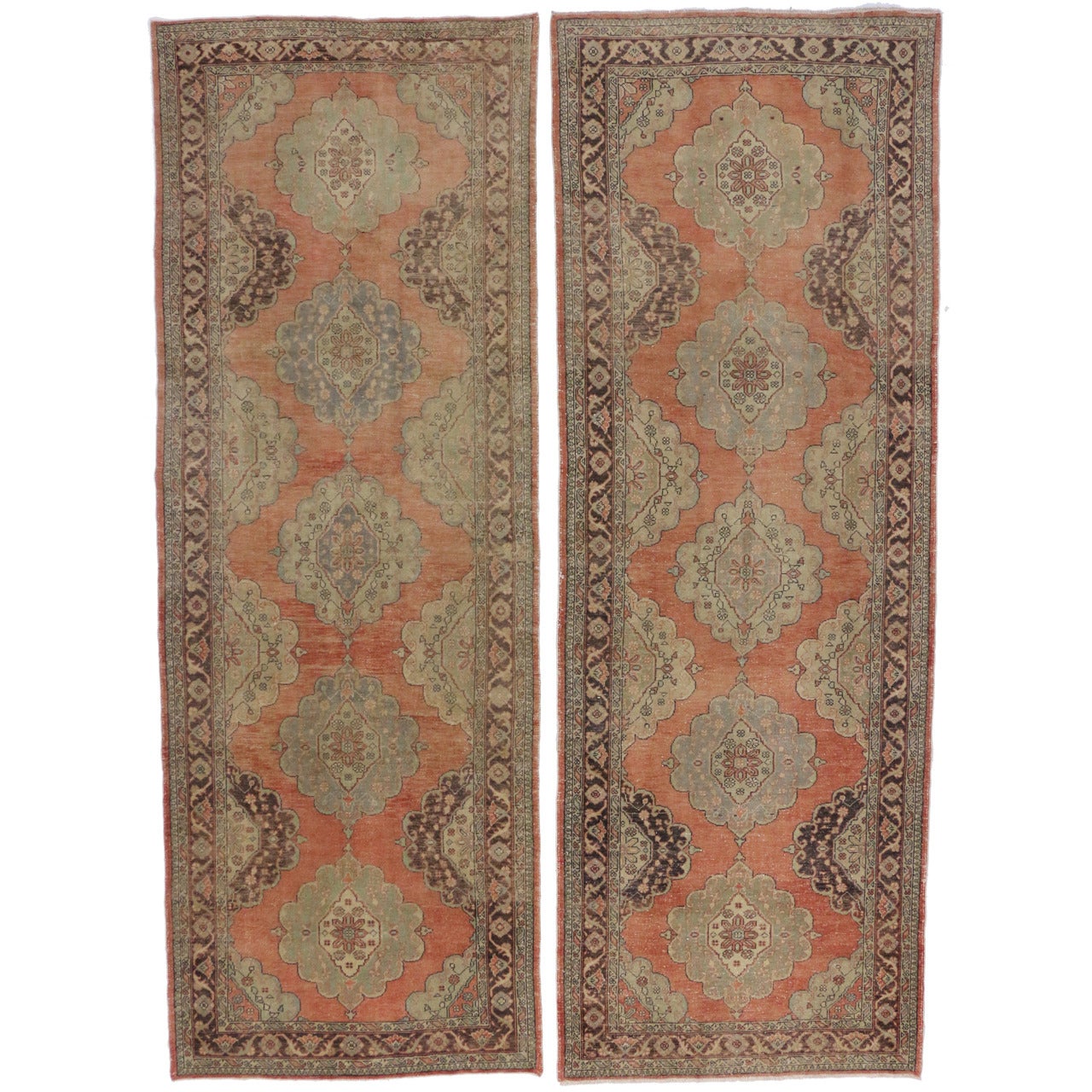 Pair of Vintage Turkish Oushak Gallery Rugs, Matching Wide Hallway Runners For Sale