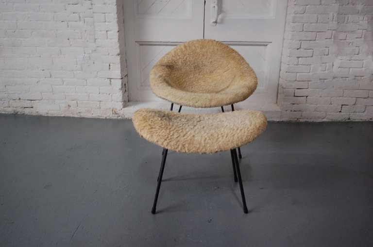 Mid-Century Modern Sheep Skin Covered Chair and Ottoman