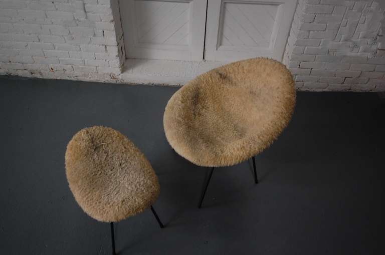 Steel Sheep Skin Covered Chair and Ottoman