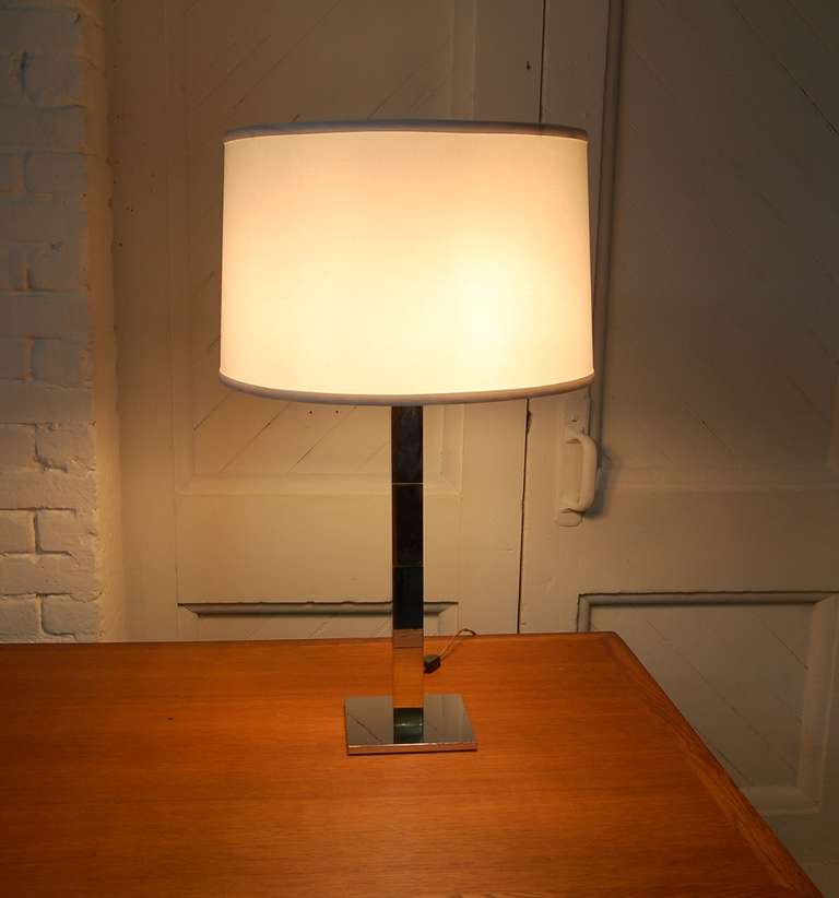 Table lamp in chrome plated steel and solid brass by Hansen of New York City. Lamp has been professionally re-wired, and has a 3-way inline switch.

We offer free delivery within the Long Island / Greater NYC,
northern New Jersey, Connecticut and