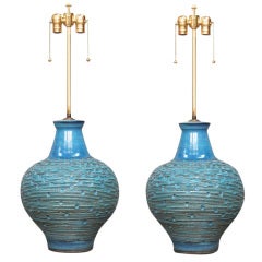 Pair of Sculpted Blue Pottery Lamps