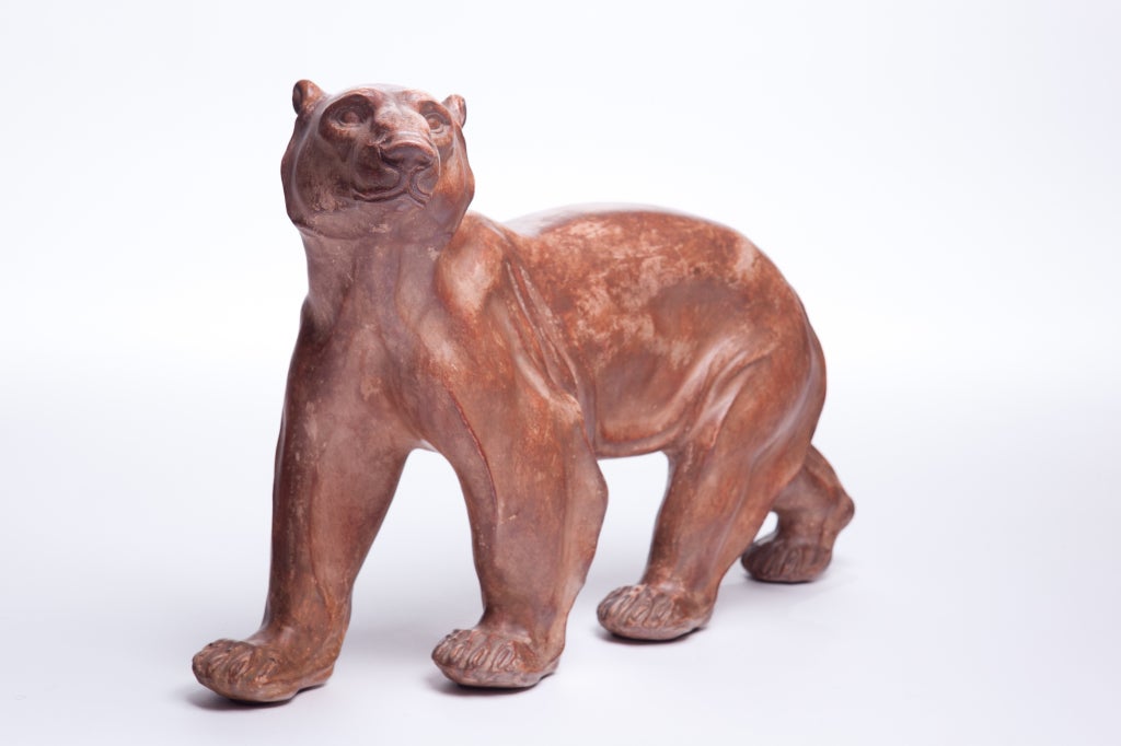 Terra Cotta Polar Bear sculpture circa 1930's France. Signed on belly JACQUES R. Paris, and impressed with an upper case 