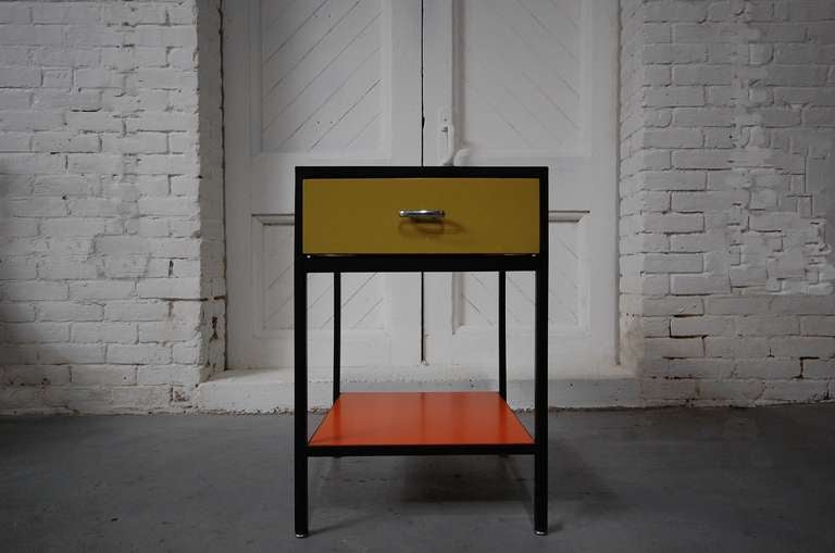George Nelson Steel Frame night stand / end table, produced by Herman Miller, circa 1958. Single drawer, lower bottom shelf.

We offer free delivery on most of our items within the Long Island / Greater NYC, northern New Jersey, Connecticut and