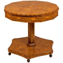 Antique Continental Burr Yew Wood Center Table with 12 Sided Top