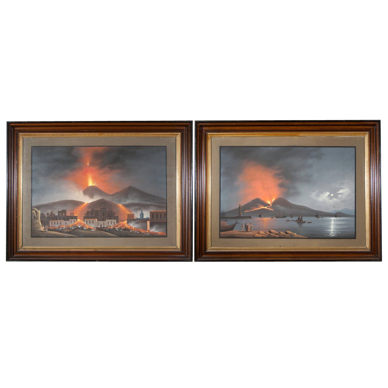 Pair of Late 19th Century Gouache Paintings of Mt. Vesuvius For Sale