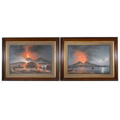 Pair of Late 19th Century Gouache Paintings of Mt. Vesuvius