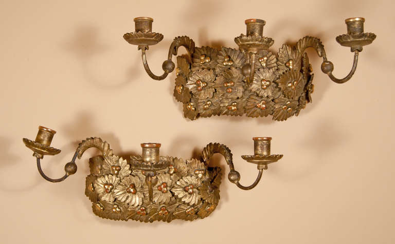 Pair of Carved Wood and Gilt Three-Light Wall Sconces