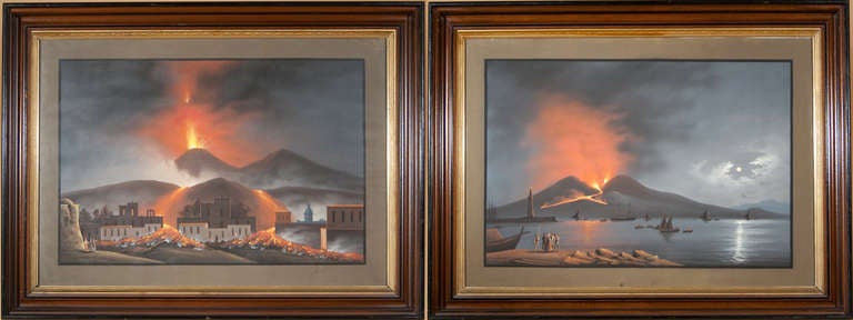 This pair of late 19th century gouaches depict the scene of the Bay of Naples with night eruptions of Mt. Vesuvius.

Gouache on paper.

In period frames.

Italian school,
mid-late 19th century.

Measures: 21 x 29 sight.