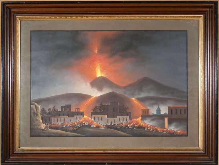 Romantic Pair of Late 19th Century Gouache Paintings of Mt. Vesuvius For Sale