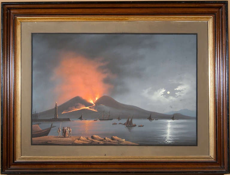 Italian Pair of Late 19th Century Gouache Paintings of Mt. Vesuvius For Sale