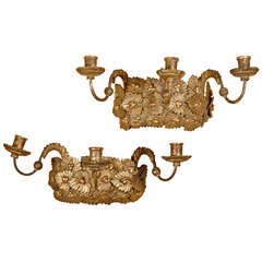 Pair of Carved Wood and Gilt Three-Light Wall Sconces