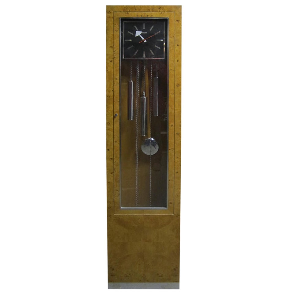 Gorgeous Milo Baughman Style Olivewood and Chrome Howard Miller Tall Clock For Sale