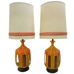 Huge Pair Of Orange Drip Glaze Lamps Mid-century Modern Danish 1