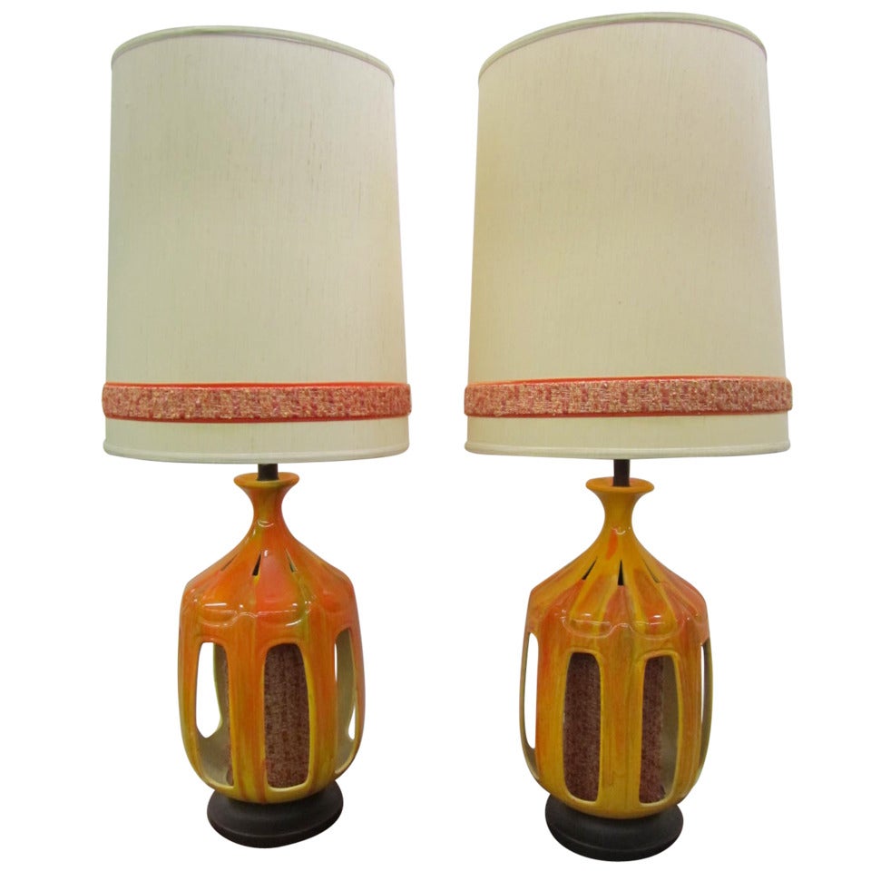 Huge Pair Of Orange Drip Glaze Lamps Mid-century Modern Danish