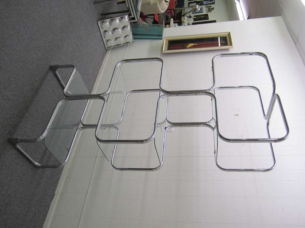 Fabulous Pair Chromed Steel & Glass Four Shelf  Etageres by Tricom Mid-century Modern