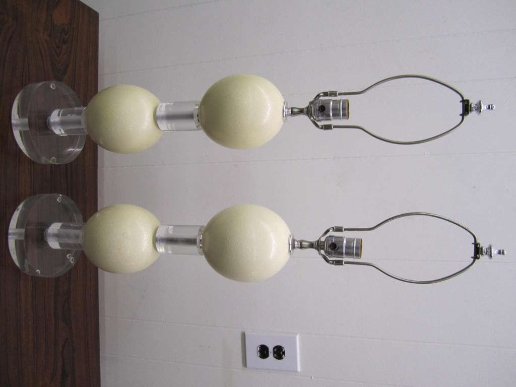 Magnifique paire de lampes modernes mi-siècle moderne en lucite avec œuf d'autruche en vente 3