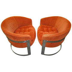 Pair of Milo Baughman Barrel Back Chrome Lounge Chairs, Mid-Century Modern