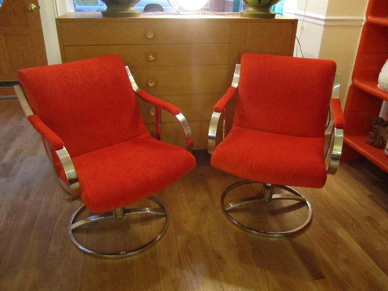 Chrome Steelcase Swivel Lounge Chairs Mid-Century Orange Mohair For Sale 2