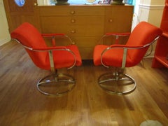 Chrome Steelcase Swivel Lounge Chairs Mid-Century Orange Mohair