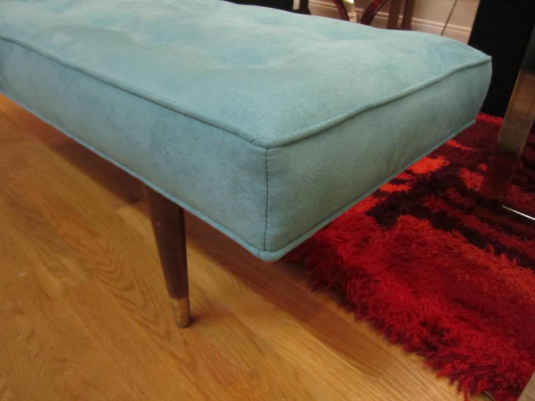 American Milo Baughman Tufted Turquoise Ultra Suede Bench Mid-century Danish Modern